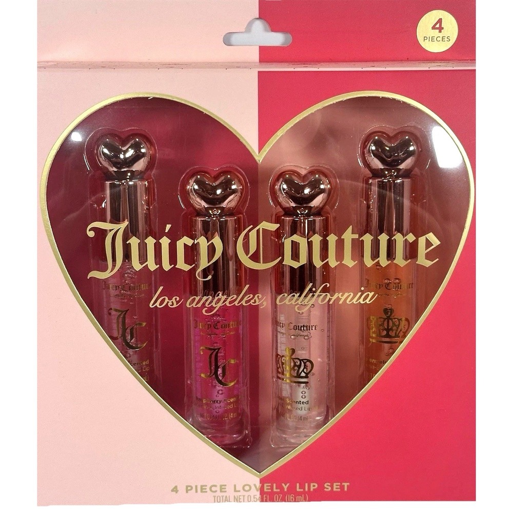 Juicy Couture Lip Oil Set 4 Pc Cherry Raspberry Rose Strawberry Heart Gift NWT